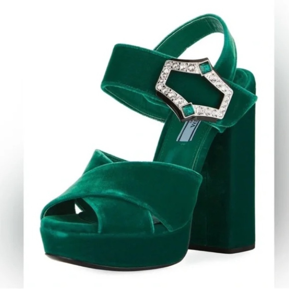 Prada Jeweled Velvet Block-Heel Sandal in Emerald